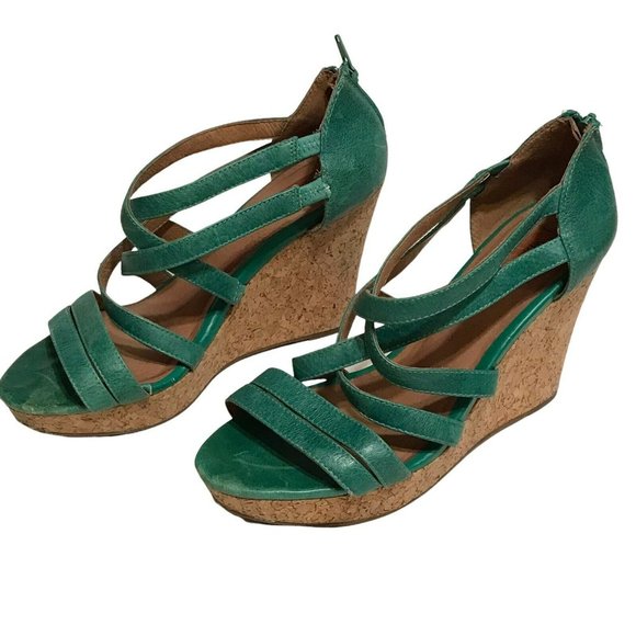 Miz Mooz Shoes - Miz Mooz Kiara Women Leather Strappy Sandals Emerald Green Cork Wedge Size 10